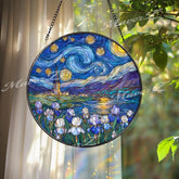 Starry Night Stained Glass Suncatcher, Round Van Gogh Inspired Window Panel with Blue Irises and Church, Artistic Starry Sky Home Decor Gift